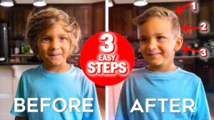 Thumbnail showing a boy before and after a process, with a red circular badge in the center reading '3 EASY STEPS' and arrows labeled 1–3 on the right.