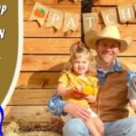 Family posing at a pumpkin patch with dad and two kids in front of a wooden backdrop and a PATCH banner on the right; Cowboy Jack logo on the left panel.