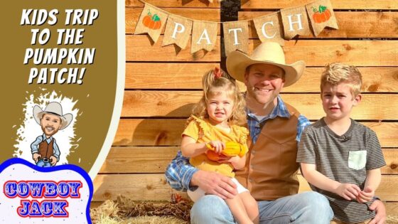 Family posing at a pumpkin patch with dad and two kids in front of a wooden backdrop and a PATCH banner on the right; Cowboy Jack logo on the left panel.