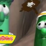 Two green VeggieTales cucumber characters look surprised, with the show's logo in the corner.