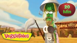 VeggieTales character, a green vegetable wearing a helmet, holding a shovel and cooking pan in a desert town scene; 20 Min badge visible in the corner.