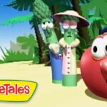 VeggieTales cartoon on a sunny beach: a large red tomato with a cap looks surprised while veggie characters stand behind it. Logo visible in corner.