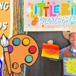 Thumbnail for kids art video: cowboy-themed host holding painted artwork with a colorful palette and brush, 'Little Bits & Masterpieces' sign in background.