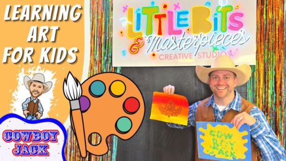Thumbnail for kids art video: cowboy-themed host holding painted artwork with a colorful palette and brush, 'Little Bits & Masterpieces' sign in background.