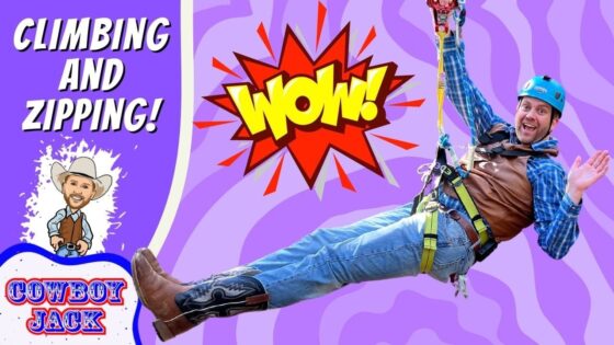 Man wearing a helmet ziplining midair on a bright purple background, with a bold WOW! explosion graphic and adventure text on the left panel.