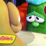 Green VeggieTales character with a sad expression looking into a mirror, purple mug on a counter, VeggieTales logo in the corner, and a 30 Min badge visible.