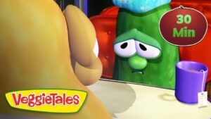 Green VeggieTales character with a sad expression looking into a mirror, purple mug on a counter, VeggieTales logo in the corner, and a 30 Min badge visible.