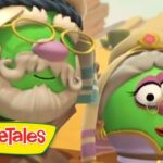 Two green VeggieTales characters in a desert setting, one with glasses and a beard and the other princess-like, with VeggieTales logo in view.