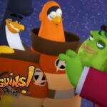 Three penguins and a green frog in colorful outfits pose together in a starry background, for a Penguins! The Series promo.