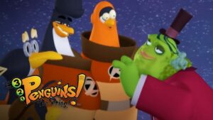 Three penguins and a green frog in colorful outfits pose together in a starry background, for a Penguins! The Series promo.