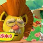 Two VeggieTales characters in a colorful garden: a yellow, bearded figure with orange hair and glasses beside a green stalk wearing a straw hat, with a bright flower backdrop and VeggieTales logo.