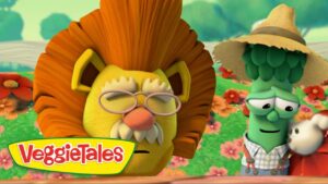 Two VeggieTales characters in a colorful garden: a yellow, bearded figure with orange hair and glasses beside a green stalk wearing a straw hat, with a bright flower backdrop and VeggieTales logo.