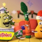 VeggieTales characters in Santa hats sharing plates at a holiday party, with a Christmas-themed backdrop and logo in the foreground.