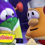 Two VeggieTales characters at a table with food, VeggieTales logo visible, '10 Min' badge in corner and a purple character speaking to an orange chef.
