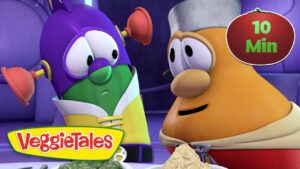 Two VeggieTales characters at a table with food, VeggieTales logo visible, '10 Min' badge in corner and a purple character speaking to an orange chef.