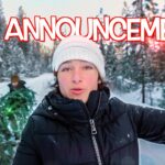 Person in a black puffer jacket and white knit hat in a snowy forest with bold red 'BIG ANNOUNCEMENT!' text overlay (video thumbnail)