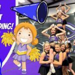 Bright banner with 'Learn About Cheerleading!' text, a cartoon cheerleader, a cowboy figure, and a megaphone beside a real cheer squad posing in a gym flank image for Cowboy Jack promo.