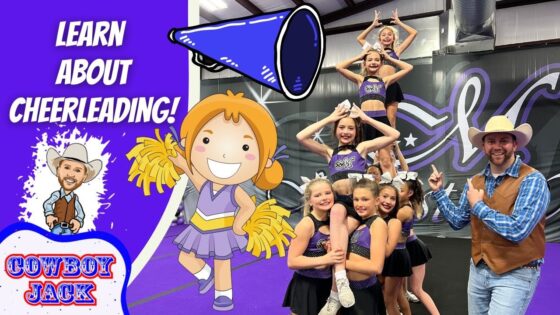 Bright banner with 'Learn About Cheerleading!' text, a cartoon cheerleader, a cowboy figure, and a megaphone beside a real cheer squad posing in a gym flank image for Cowboy Jack promo.