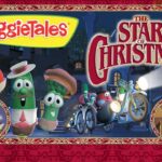 Poster for VeggieTales: The Star of Christmas, with festive veggie characters and an ornate red border.