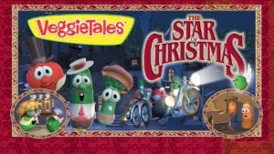 Poster for VeggieTales: The Star of Christmas, with festive veggie characters and an ornate red border.