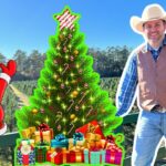 Cartoon Santa waving beside a decorated Christmas tree and colorful wrapped gifts, with a smiling cowboy standing on a sunny outdoor balcony.