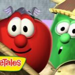 Tomato and cucumber VeggieTales characters peeking from behind a tree with the VeggieTales logo nearby.