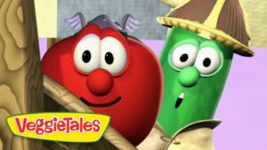 Tomato and cucumber VeggieTales characters peeking from behind a tree with the VeggieTales logo nearby.