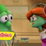 Two VeggieTales characters face each other in a kitchen, with the VeggieTales logo in the corner and a 20‑min badge visible on the right.