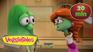 Two VeggieTales characters face each other in a kitchen, with the VeggieTales logo in the corner and a 20‑min badge visible on the right.