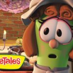 Green VeggieTales character with a hat and surprised expression in a kitchen, VeggieTales logo in the foreground.