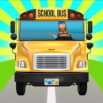 Front view of a cheerful cartoon yellow school bus on a road with a smiling driver giving a thumbs up.