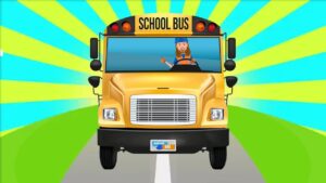 Front view of a cheerful cartoon yellow school bus on a road with a smiling driver giving a thumbs up.