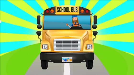 Front view of a cheerful cartoon yellow school bus on a road with a smiling driver giving a thumbs up.