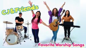 Four young musicians posing with drums, guitar, and keyboard; 'CJ & Friends' and 'Favorite Worship Songs' text on the thumbnail.