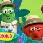 Two VeggieTales characters in safari outfits (green cucumber with binoculars and red tomato with a camera) among jungle leaves, with a '1 HOUR' badge in the corner.