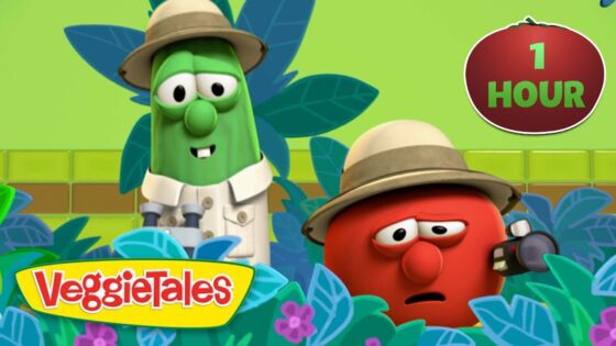 Two VeggieTales characters in safari outfits (green cucumber with binoculars and red tomato with a camera) among jungle leaves, with a '1 HOUR' badge in the corner.