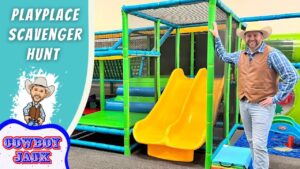Thumbnail for a video: man in cowboy hat beside a bright indoor playground with yellow double slides and green climbing structures; text reads 'Playplace Scavenger Hunt' and 'Cowboy Jack'
