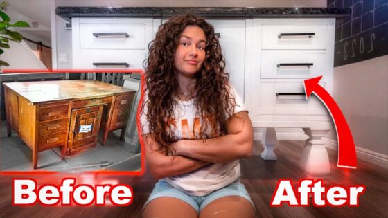 Woman sits cross‑legged between a worn wooden desk on the left (Before) and a bright white cabinet on the right (After), with a red arrow emphasizing the makeover.