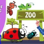 Cartoon cowboy host points to a zoo sign with insects like a ladybug and beetle, on a purple banner that reads 'GEM CARVINGS AND BUG ZOO' (Cowboy Jack).