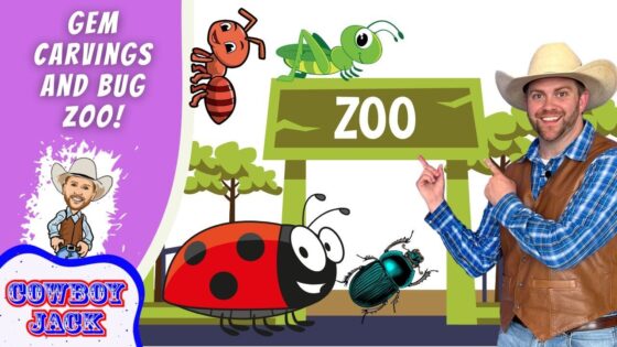 Cartoon cowboy host points to a zoo sign with insects like a ladybug and beetle, on a purple banner that reads 'GEM CARVINGS AND BUG ZOO' (Cowboy Jack).