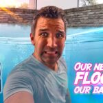 Man takes a selfie by a flooded backyard pool; scuba diver visible underwater on the left; large pink caption reads 'Our neighbors flooded our backyard!'