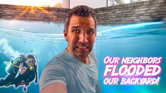 Man takes a selfie by a flooded backyard pool; scuba diver visible underwater on the left; large pink caption reads 'Our neighbors flooded our backyard!'