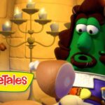 Green VeggieTales character with brown hair and a mustache, in a castle-like room, looking at a shiny armor piece; VeggieTales logo in the bottom-left corner.