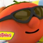 Orange VeggieTales character wearing sunglasses and smiling while lounging in a sunny setting; VeggieTales logo in corner.