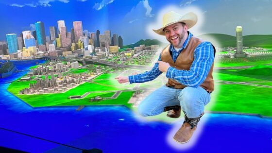 Cowboy in a blue plaid shirt points at a glowing 3D city map with green land and blue water, smiling at the scene.