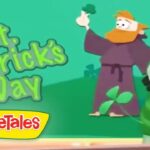 VeggieTales scene: St. Patrick's Day title with a bearded character and a frog on a green hill; VeggieTales logo at the bottom.