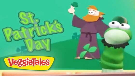 VeggieTales scene: St. Patrick's Day title with a bearded character and a frog on a green hill; VeggieTales logo at the bottom.