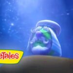 Blue underwater scene with a purple-faced, white-robed VeggieTales character looming over a hill; VeggieTales logo in the bottom-left corner.