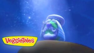 Blue underwater scene with a purple-faced, white-robed VeggieTales character looming over a hill; VeggieTales logo in the bottom-left corner.