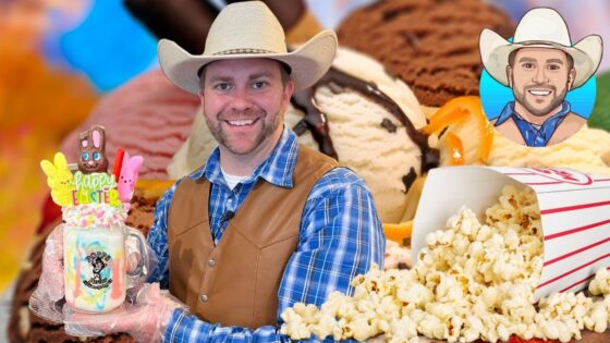 Smiling man in a cowboy hat holds a colorful Easter milkshake with bunny toppers, while popcorn and ice cream surround him.